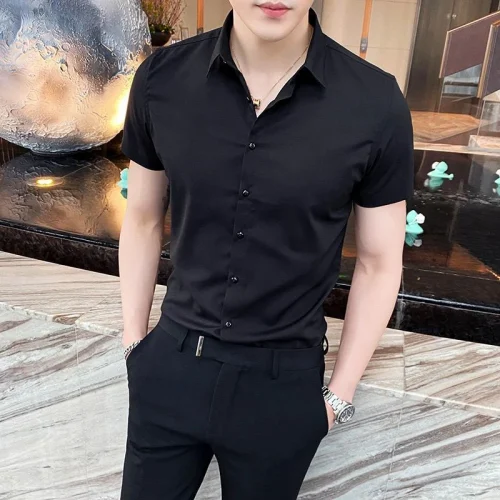 Black Man Tops Plain Shirts And Blouses For Men Short Sleeve Clothing With Collar Luxury Social Aesthetic Designer Original Cool