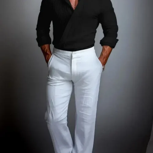 Vintage Cross Wrap Lapel Shirt Mens Long Sleeve Textured Blouse Shirt For Men Spring Fall Solid Color Casual Shirt Gentlemen