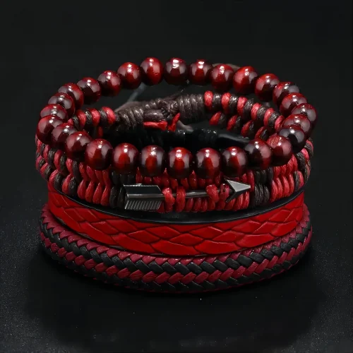 Red Beads Vintage Feather Casual 4 Pc/set Handmade Men Bracelets Male Women Leather Bracelets Men Bangle Wholesale Jewelry Gift