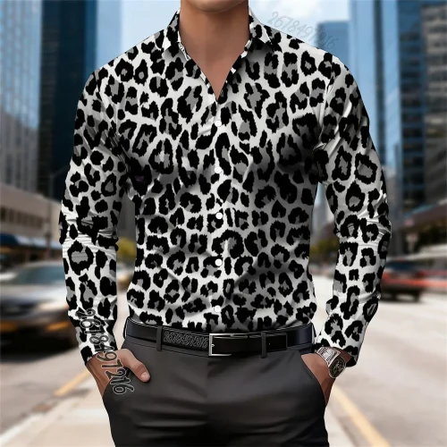 20 Colors Men's Fashion Leopard Print Long-Sleeve Shirt, Trendy and Comfortable, Lapel Shirt, Hot Selling Casual Business Top