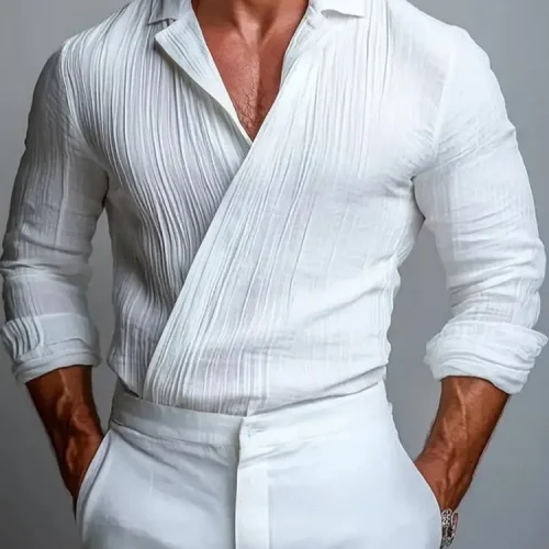 Elegant Men's Slim Blouse Shirts Long Sleeve Wrap Cross Lapel Design Tops Men Vintage Solid Color Textured Shirt Spring Autumn