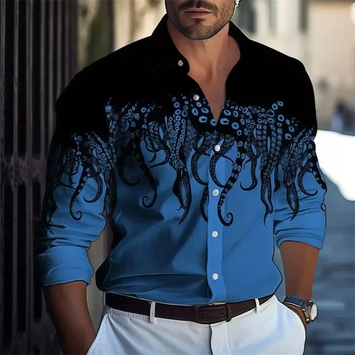 2025 Men's Octopus Print Nautical Style Long-Sleeve Shirt, Casual Loose Breathable Beachwear Style, Hawaiian Men's Shirt