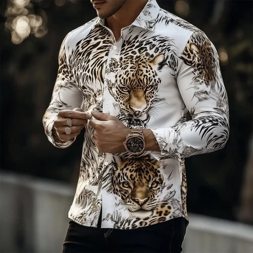 Men's Long Sleeve Shirt 3D Leopard Print Smooth Pattern Shirt Single Row Zipper Casual Shirt Men's Clothing