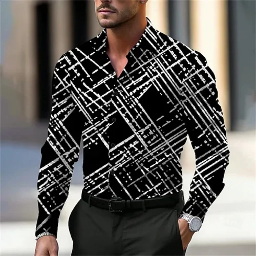Men's trendy geometric print long-sleeved shirt, single-breasted design, stylish streetwear look, available in sizes XS-6XL.