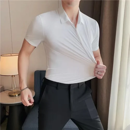 Men's Ultra Stretch Short Sleeve Shirt Business Casual Breathable Stretchable Abrasion-Resistant Solid Color Short Sleeve Shirt