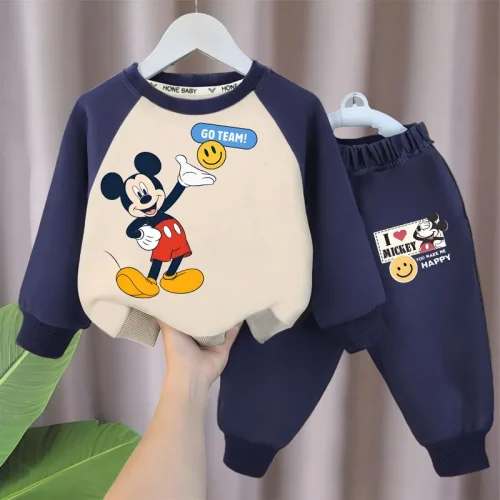 Disney Mickey Printed Spring Fall Kids Casual Sweatshirt Set Children's Splicing Hoodies and Pants 2pcs Sets Boys Tracksuit